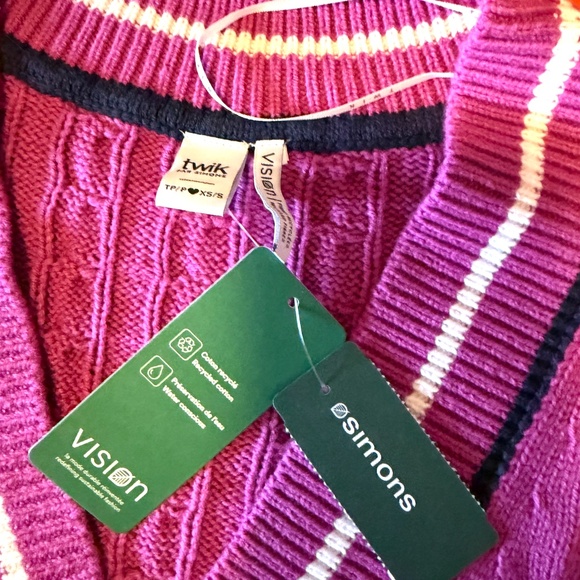 Pink striped edging cable-knit V-neck preppy cardigan NWT - Picture 5 of 9